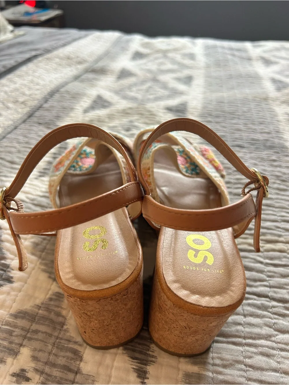SO Tan Wedge Sandals with Multicolor Crochet Accents